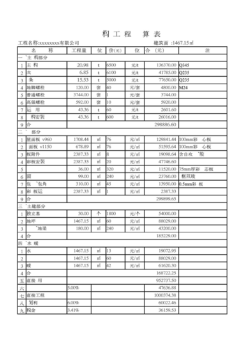 钢结构厂房造价清单